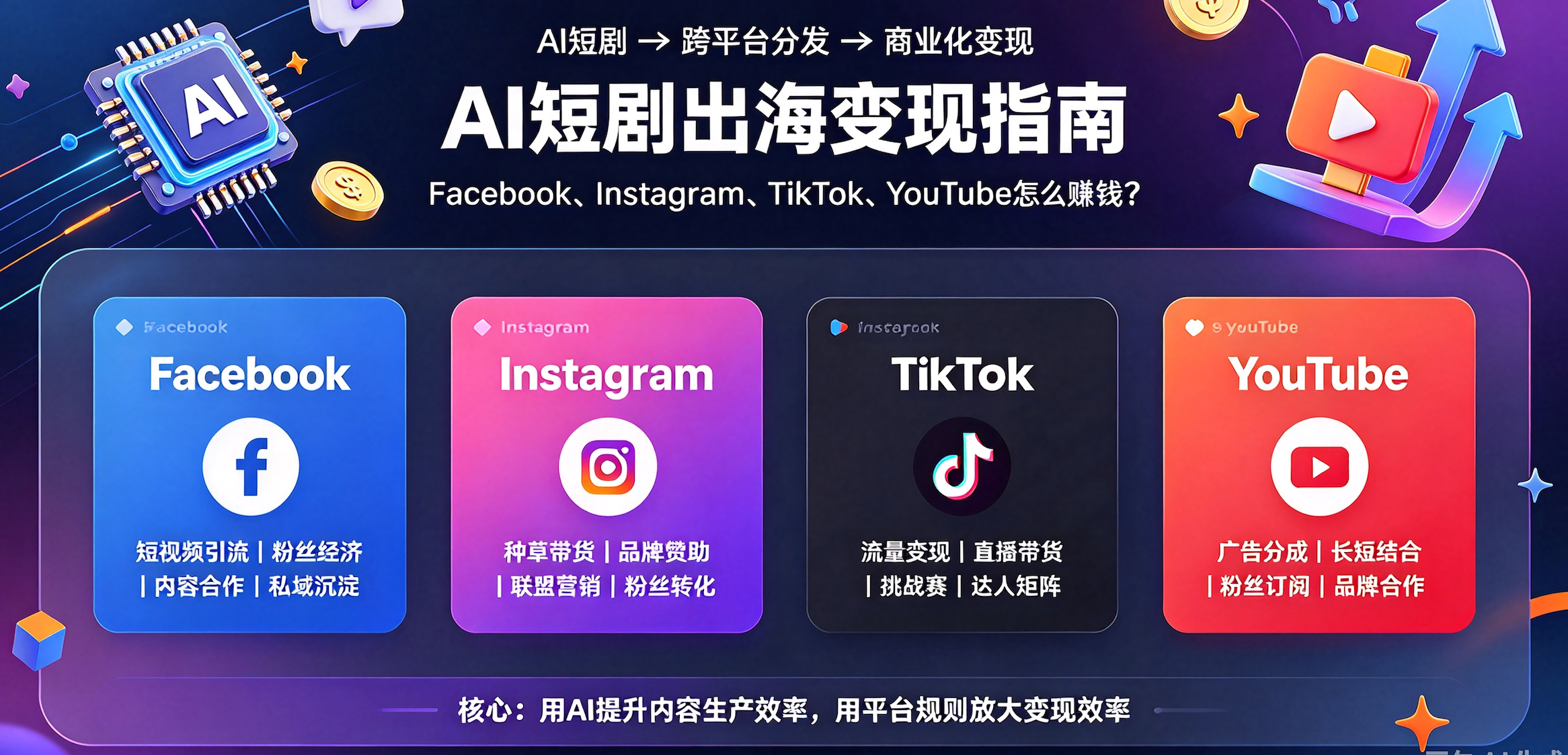 AI短剧出海变现指南：Facebook、Instagram、TikTok、YouTube怎么赚钱？